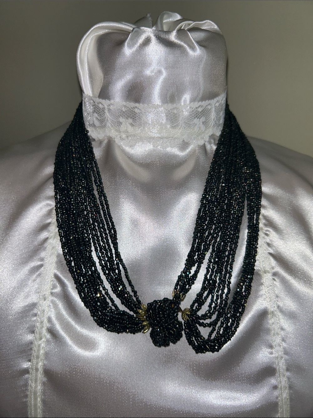 Black Multi-18-Strand Glass Beaded Necklace - Elegant Layered Statement